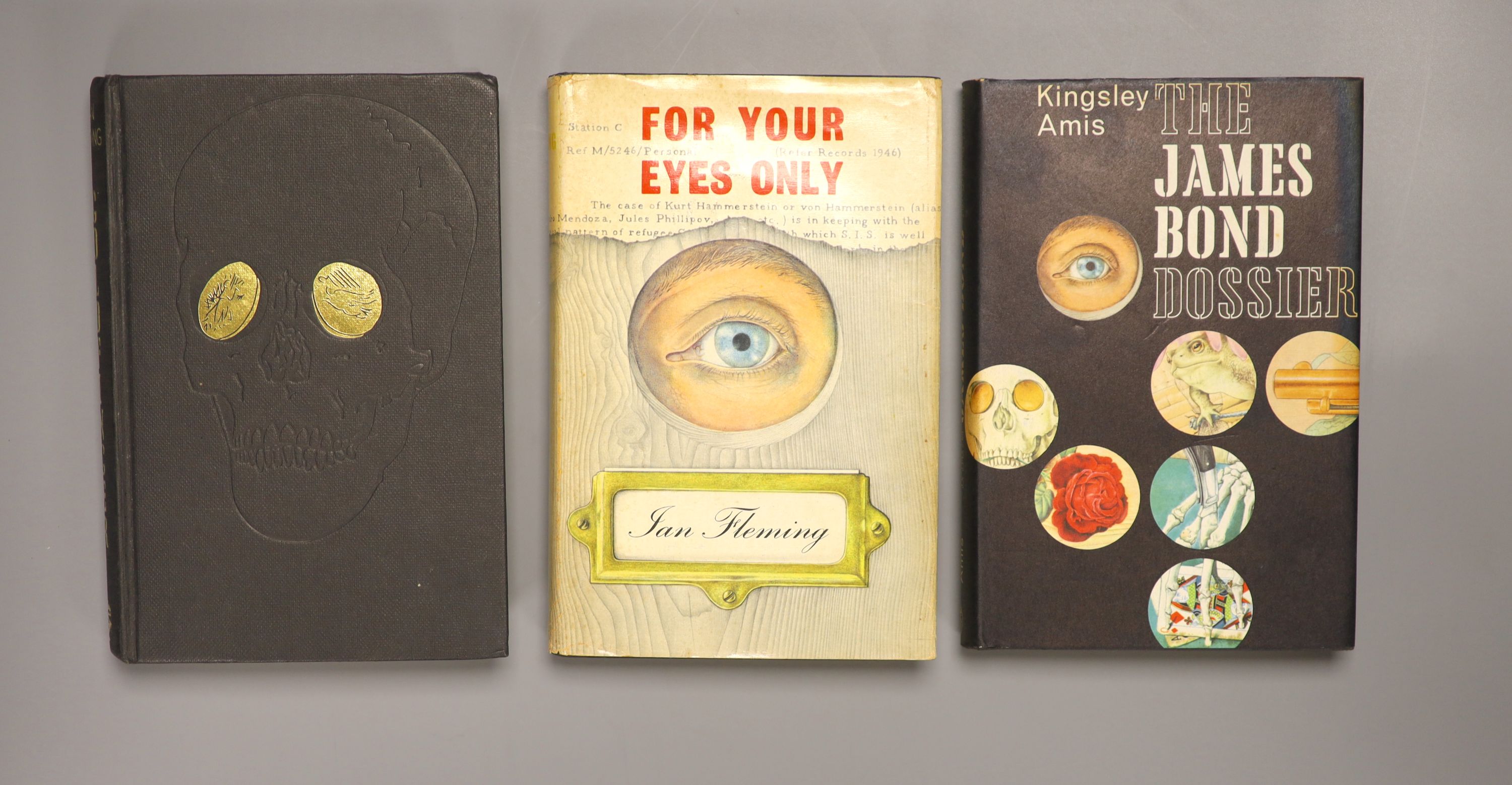 Fleming, Ian - For Your Eyes Only, 1st edition, original cloth with unclipped d/j, designed by Richard Chopping, London, 1960 and Fleming, Ian - Goldfinger, 2nd impression, original black cloth with gilt lettering and em
